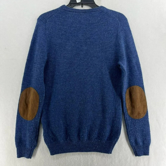 J.Crew Merino Sweater Men's S Blue Brown Leather Elbow Trim Round Neck Pullover - Picture 2 of 15
